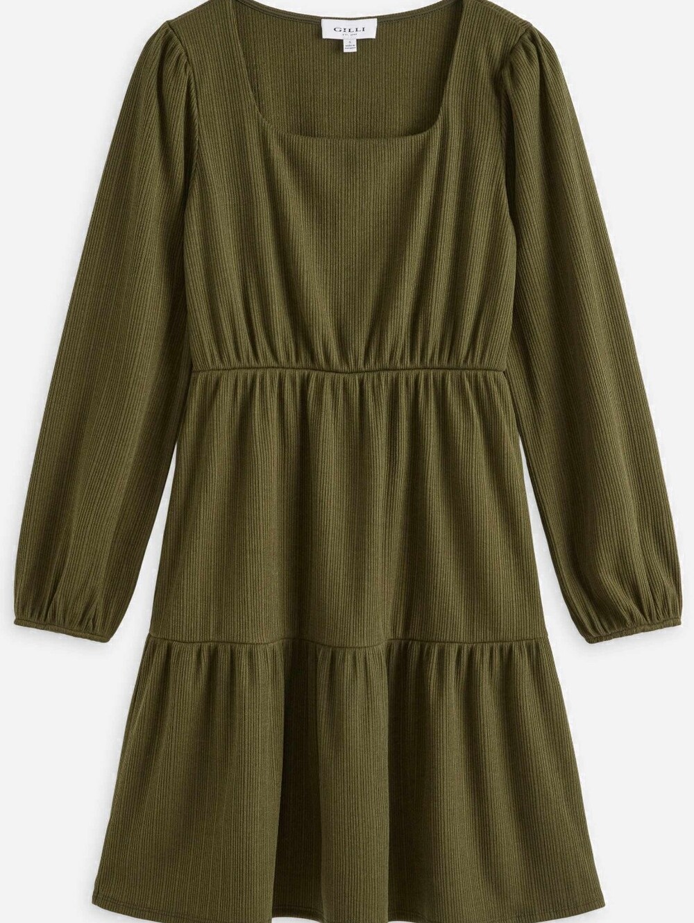 Gilli Olive Square Neck Long Sleeve Tiered Dress Size MP (Medium Petite)